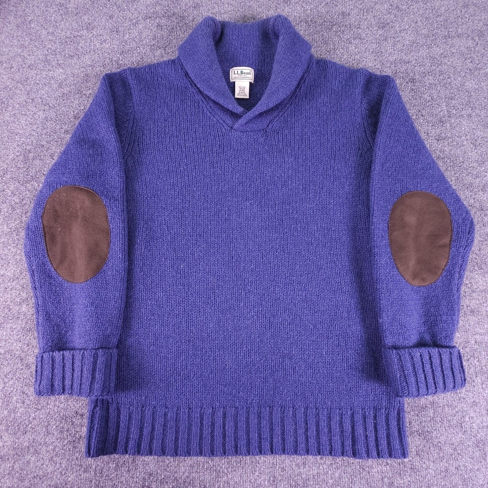 LL Bean Sweater Mens Medium Blue Shetland Wool Shawl Collar Elbow Patch Pullover